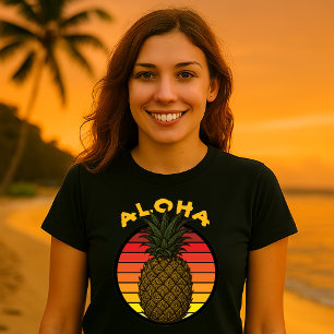 Camiseta Modelo de pôr do sol retrô Aloha de abacaxi havaia