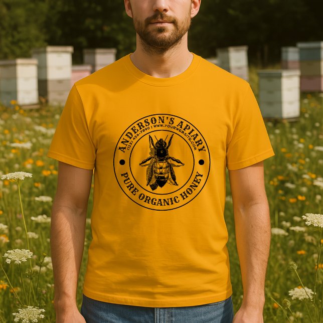 Camiseta Modelo de rótulo de mel de apiário de abelha vinta (Criador carregado)