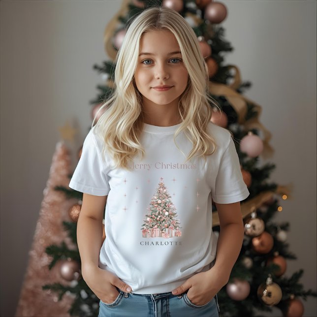 Camiseta Modern Blush Christmas Tree – Personalized Kids  (Criador carregado)