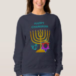 Camiseta Modern Hanukkah HAPPY CHANUKAH<br><div class="desc">Camisola unissexo moderna de Hanukkah FELIZ CHANUKAH, com TEXTO PERSONALIZÁVEL, desenhado com a falsa menorah dourada, estrela colorida de David e sonho prateado mais GREETING PERSONALIZÁVEL, para que você possa criar sua própria saudação. Suéter ideal para homens ou mulheres na estação de Chanucá. Escolha entre uma ampla seção de roupas...</div>