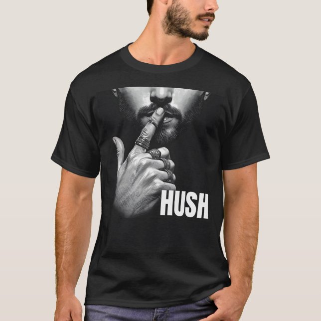 Camiseta Modern Man Shushing Gesture HUSH Graphic (Frente)