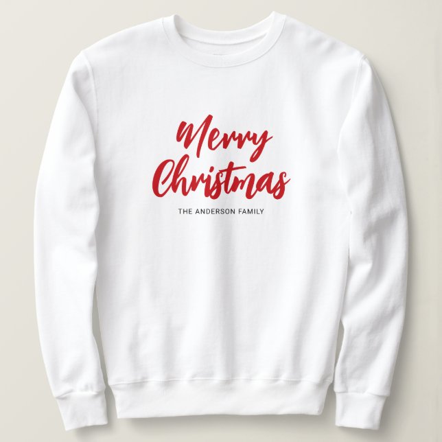 Camiseta Modern Merry Christmas Red Script Family Name (Frente do Design)