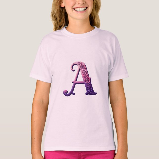 Camiseta Modern Metallic Rosemaling Letter A, Pink/Purple (Frente)