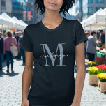 Camiseta Modern Monogram Minimal Black White<br><div class="desc">Add a touch of modern elegance to your routine with this personalized monogram design featuring a large initial and name in script. Perfect for yourself or as a thoughtful custom gift. Created by Simply Farmhouse Press.</div>