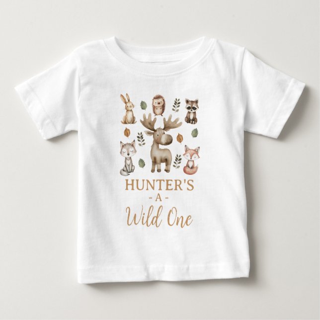 Camiseta Modern Moose Woodland Wild Um primeiro aniversario (Frente)