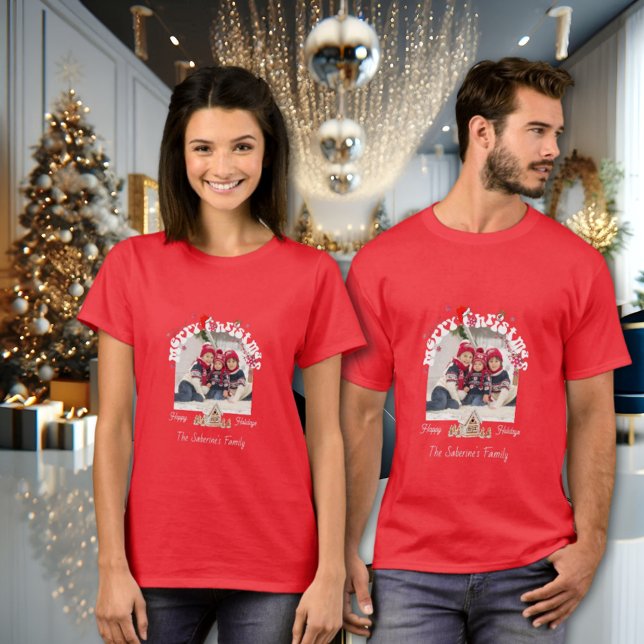 Camiseta Modern Red Curved Graffiti Merry Christmas Photos  (Criador carregado)