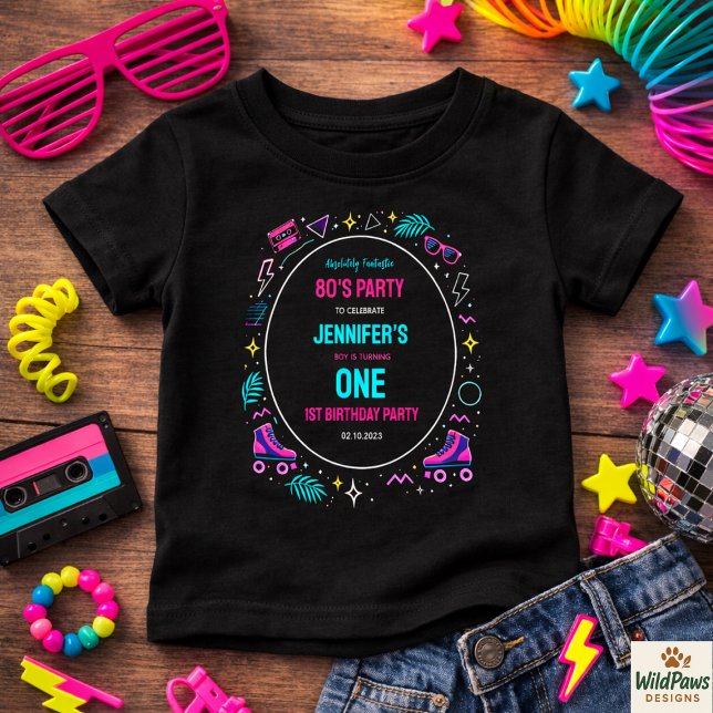 Camiseta Modern Retro Neon 80’s 1st Birthday Party (Modern Retro Neon 80’s 1st Birthday Party Baby T-Shirt
)