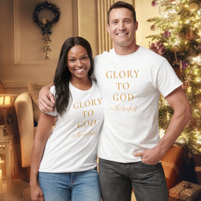 Camiseta Moderna fé religiosa cristã baseada no branco Dour (Modern, faith-based, Christian t-shirt with Glory to God Bible verse in gold and white.)