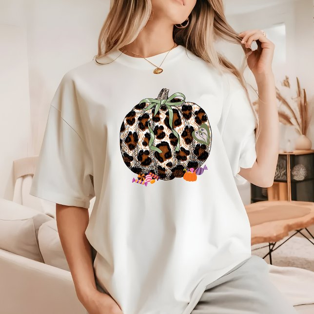 Camiseta Moderna Leopard Pumpkin Retro Bonito Mulheres de H (Pumkin Halloween Shirt)