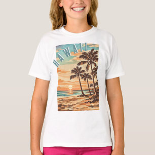 Camiseta moderno de meados do século praia Havaí pôr do sol