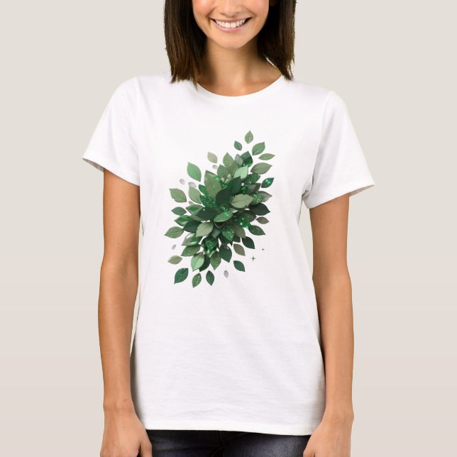 Camiseta Moderno Design de Slogan Folhas Verdes Prateado (Frente)