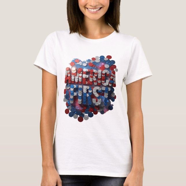 Camiseta Moderno Design Prata AMÉRICA PRIMEIRO Statement (Frente)