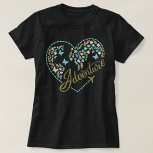 Camiseta Modo Avião Aventura Coração Gráfico para Mulheres