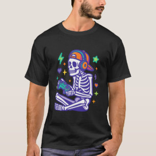 Camiseta Modo de Gamer Esqueleto Desenho de Halloween