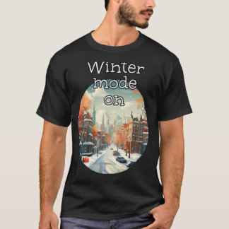 Camiseta Modo de inverno ligado na cidade coberta de neve p