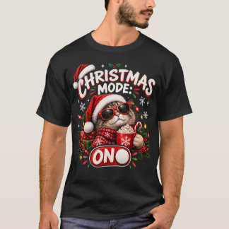 Camiseta Modo Natal LIGADO Gato de Natal Divertido Férias