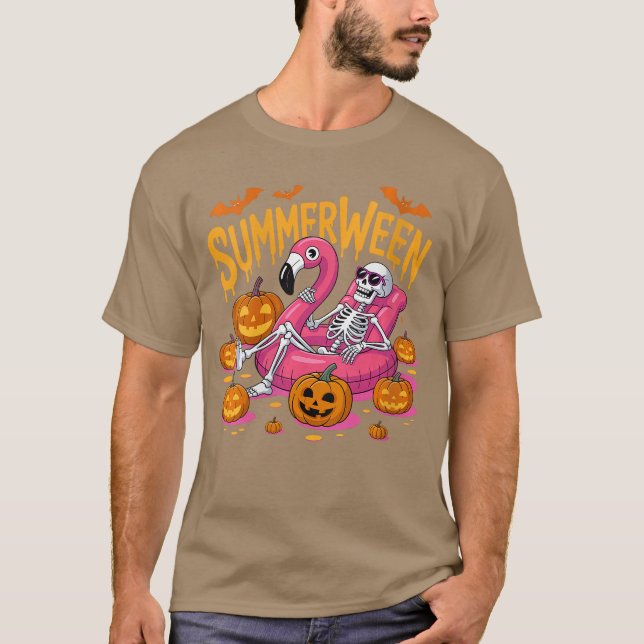 Camiseta Modos de Verão das Mulheres Vibes Esqueleto Abóbor (Frente)