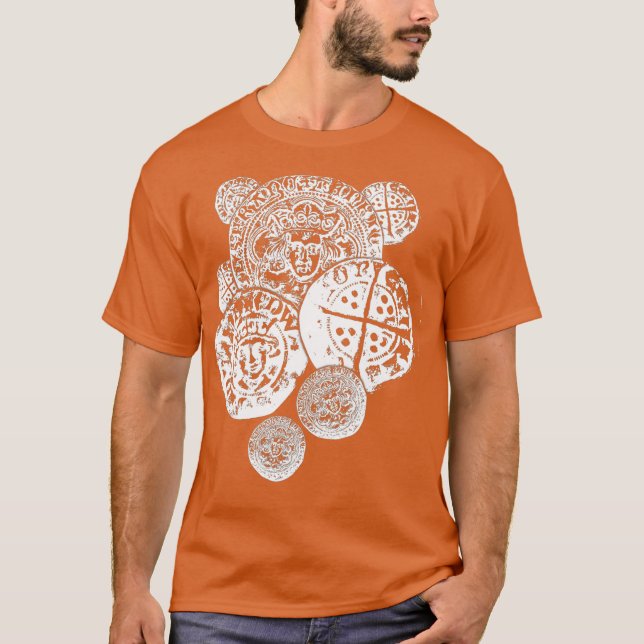 Camiseta Moedas com roupa de coleção de moedas marteladas (Frente)