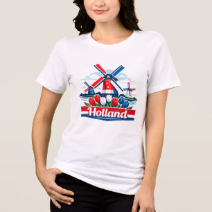 Camiseta Moinho de Vento da Holanda e Design de Tulipa Hola