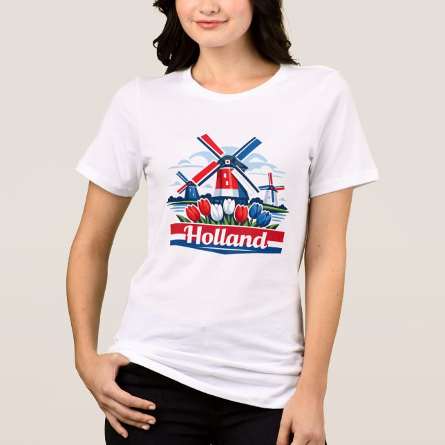 Camiseta Moinho de Vento da Holanda e Design de Tulipa Hola (Frente)