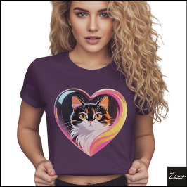 Camiseta Moldura de Coração de Gato Calico Neon Pop Art