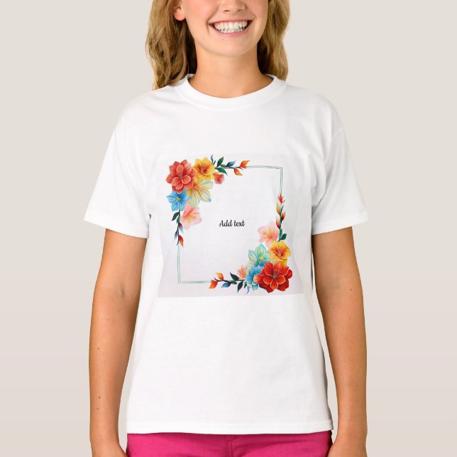 Camiseta Moldura de Flores Coloridas, MODELO, ADICIONAR TEX (Frente)