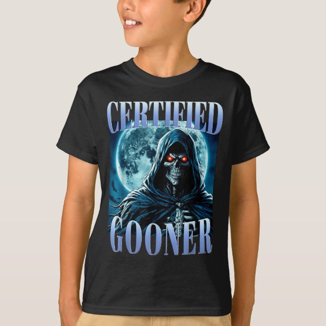 Camiseta Moleque Engraçado Meme de Esqueleto Gooner Certifi (Frente)