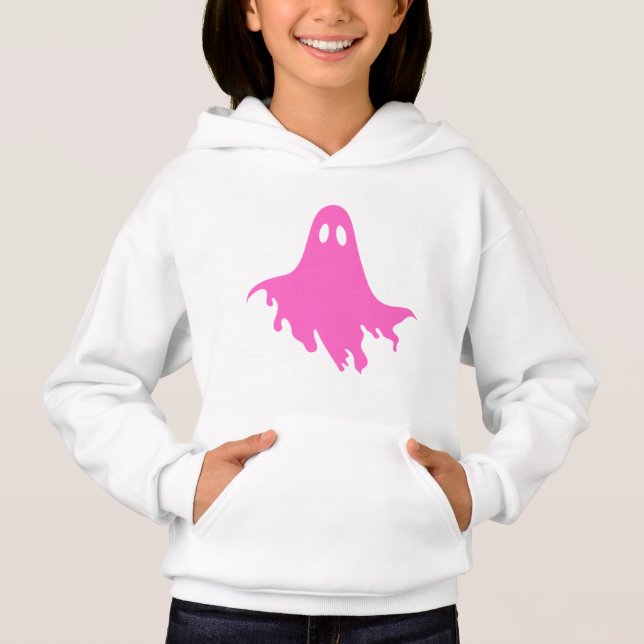 Camiseta Moletom Branco com Fantasma Rosa – Gráfico Fofo e  (Frente)