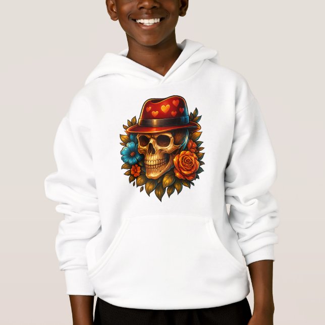 Camiseta Moletom com Capuz de Caveira para Meninos com Chap (Frente)