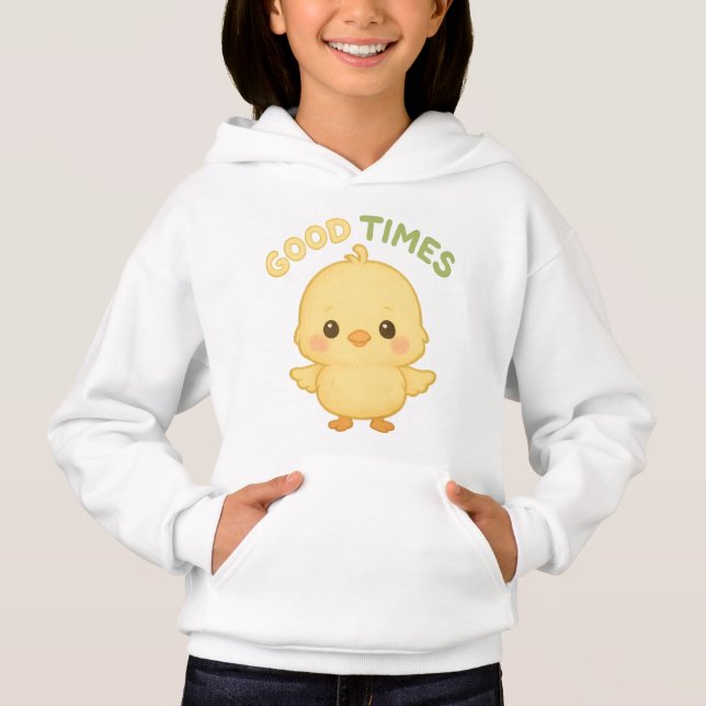 Camiseta Moletom com Capuz e Gráfico de Frango Amarelo Fofo (Frente)