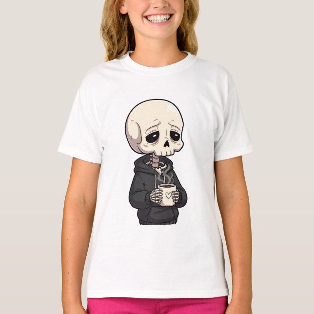 Camiseta Moletom de Esqueleto Cansado Café Crianças (Frente)