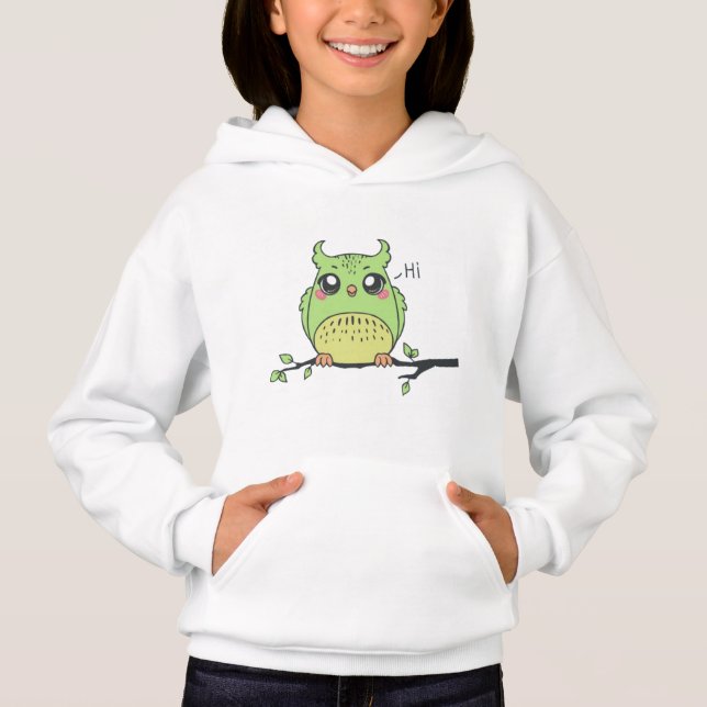 Camiseta Moletom de Meninas de Coruja Verde Fofa - Floresta (Frente)
