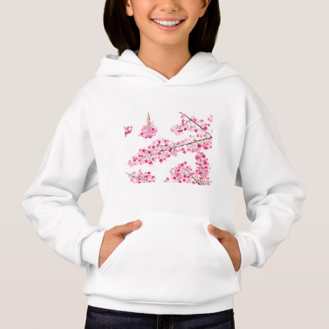 Camiseta Moletom feminino com flor de cerejeira rosa em aqu (Frente)
