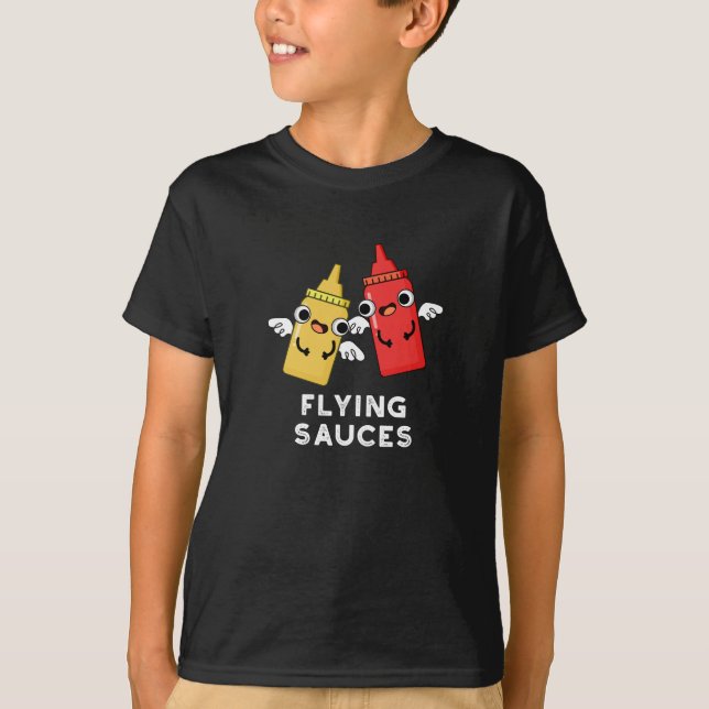 Camiseta Molhos Voadores Comida Engraçada Arma Escuro BG (Frente)