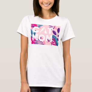 Camiseta MOM CAT, Sua Foto, Flores e Folhas Rosa