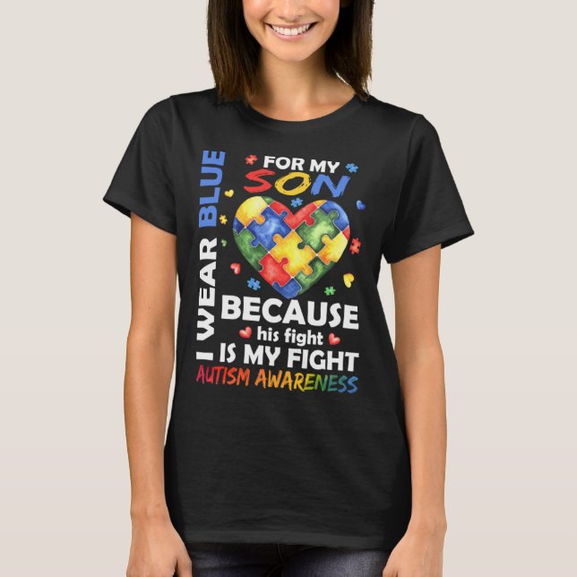 Camiseta Mom Dad I Wear Blue For My Son Autism Awareness Mo (Frente)