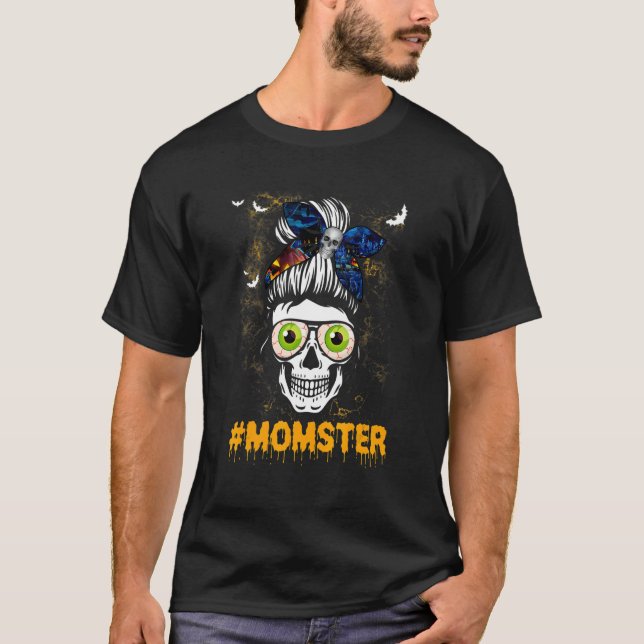 Camiseta Momster Costume Skull Mom Messy Hair Bun Monster (Frente)