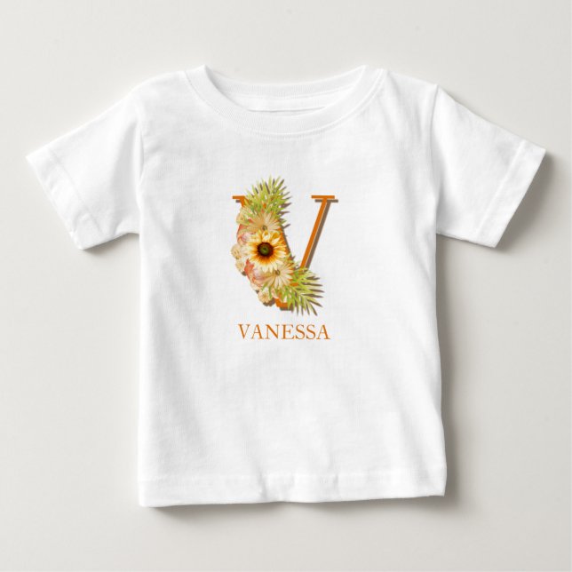 Camiseta Mona de Girassol Floral com Letra V e Nome (Frente)