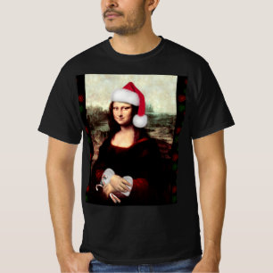 Camiseta Mona Lisa Chapéu de Papai Noel Natal