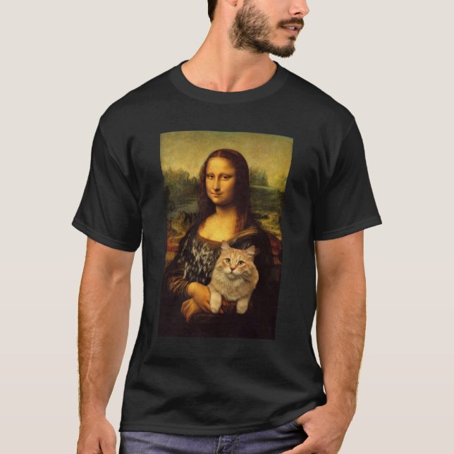Camiseta Mona Lisa com seus amantes de gatos e animais de e (Frente)