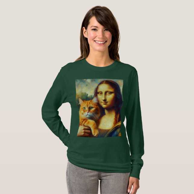 Camiseta Mona Lisa pintando La Gioconda com Cat (Frente Completa)