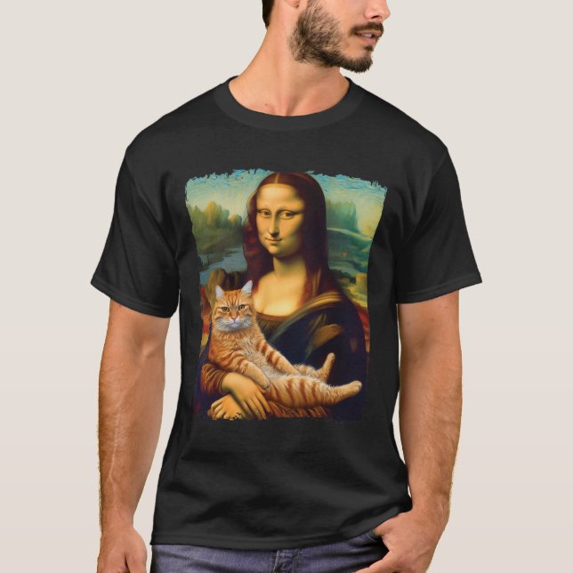 Camiseta Mona Lisa Segurando Gatinho de Pintura de Retratos (Frente)