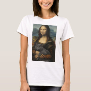 Camiseta Mona Lisa segurando um gato cinza elegante