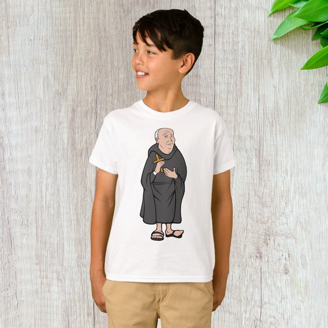 Camiseta Monge segurando cruz em roupa medieval religiosa (Criador carregado)