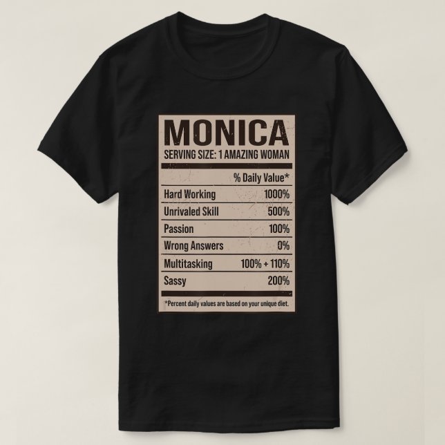 Camiseta Monica Nutritrition Facts Name Alias Title F (Frente do Design)