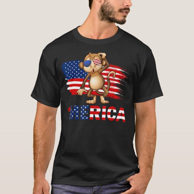 Camiseta Monkey American Flag Sunglass Merica 4th De Jul (Frente)