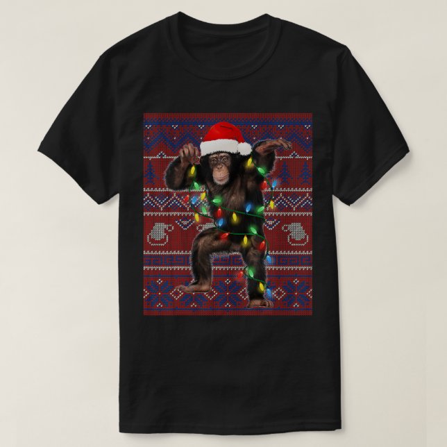Camiseta Monkey Christmas Lights Ugly Sweater Goat Lover Gi (Frente do Design)