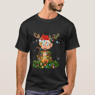 Camiseta Monkey Xmas Lighting Reindeer Santa Hat Chr