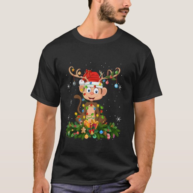 Camiseta Monkey Xmas Lighting Reindeer Santa Hat Chr (Frente)