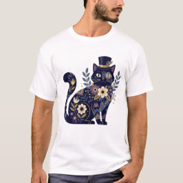 Camiseta Monóculo Floral Sofisticado de Gato com Cartola